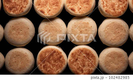 Freshly Baked English Muffin Photorealistic Horizontal Background. Crusty Pastry, Gourmet Bakery. Ai Generated Hyperrealistic Background with Aromatic Traditional English Muffin . Freshly Baked English Muffin Photorealistic Horizontal Background. Crusty Pastry, Gourmet Bakery. Ai Generated Hyperrealistic Background with Aromatic Traditional English Muffin . 102482985