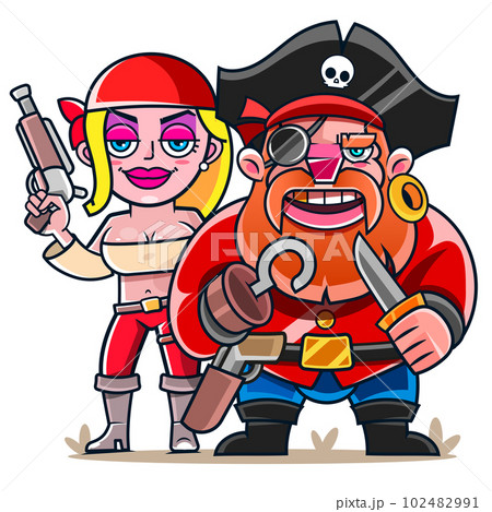 Cutout silhouette of the captain of a pirate ship in a hat with a skull and crossbones. Bearded pirate 102482991