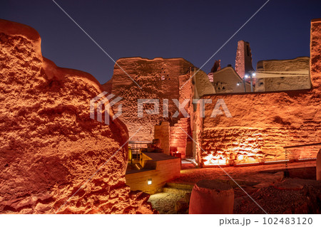 Diriyah old town walls illuminated at night, Riyadh, Saudi Arabia Diriyah old town walls illuminated at night, Riyadh, Saudi Arabia 102483120