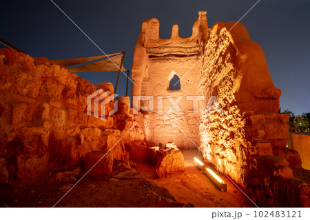 Diriyah old town walls illuminated at night, Riyadh, Saudi Arabia Diriyah old town walls illuminated at night, Riyadh, Saudi Arabia 102483121