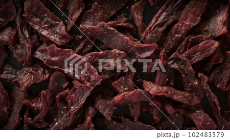 Delicious Beef Jerky Meat Product Photorealistic Horizontal Background. Savory Food, Gourmet Appetizer. Ai Generated Hyperrealistic Background with Delicious Deli Beef Jerky Meat Product. 102483579