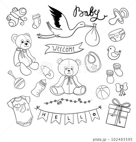 Collection of vector hand drawings for gender party. This is a sticker pack for a girl or a boy. Postcards for a girl or a boy on a white background, the floor reveals a baby shower Collection of vector hand drawings for gender party. This is a sticker pack for a girl or a boy. Postcards for a girl or a boy on a white background, the floor reveals a baby shower 102483595