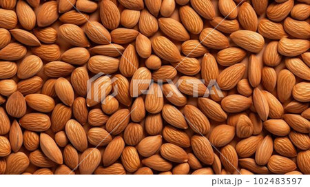 Organic Almond Nuts Photorealistic Horizontal Background. Nutritious Vegetarian Protein Snack. Ai Generated Hyperrealistic Background with Delicious Tasty Almond Nuts. 102483597