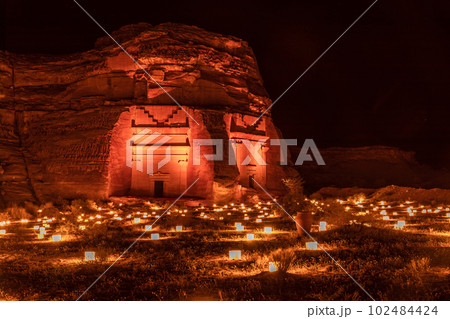 Ancient tombs of Hegra city illuminated during the night, Al Ula, Saudi Arabia Ancient tombs of Hegra city illuminated during the night, Al Ula, Saudi Arabia 102484424