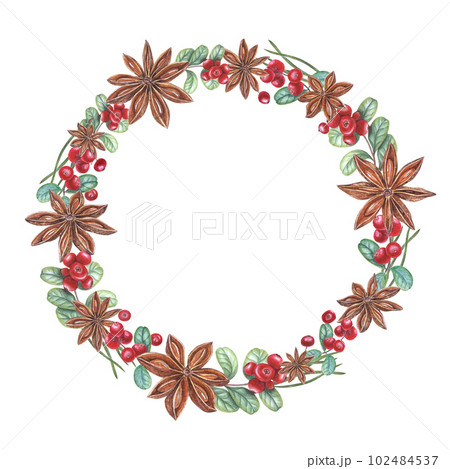 Watercolor wreath of star anise, cowberry, pine needles isolated on white background. Botanical illustration for postcard design, invitation template, birthday, wedding, Christmas and New Year cards 102484537