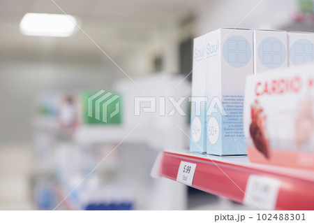 Health care shop shelves filled with packages of pills and modern medicine, containers of medicaments and supplements. Empty drugstore with drugs bottles and pharmaceutical products. Health care shop shelves filled with packages of pills and modern medicine, containers of medicaments and supplements. Empty drugstore with drugs bottles and pharmaceutical products. 102488301