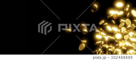 Gold coins falling on black background 3D render Gold coins falling on black background 3D render 102489889