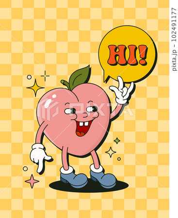 Retro Cartoon Character Peach Fruit Poster. Vector Funny Comic Illustration in Trendy Groovy Style Retro Cartoon Character Peach Fruit Poster. Vector Funny Comic Illustration in Trendy Groovy Style 102491177
