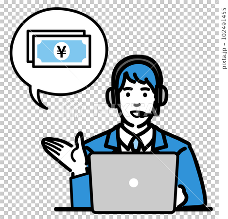 A young male operator sitting in front of a laptop and explaining about money with a smile 102491455