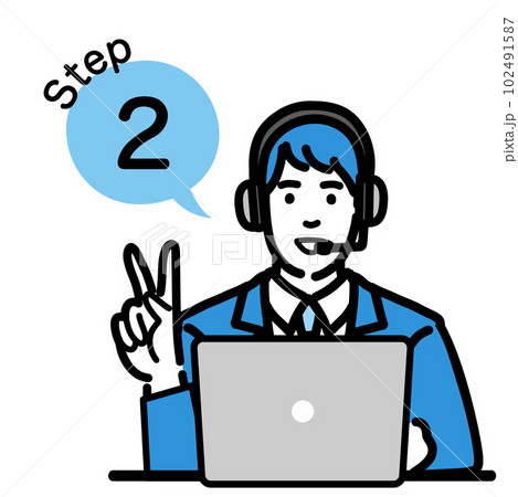 ステップ2 ラップトップの前に座って手順について説明をしているオペレーターの若い男性 102491587