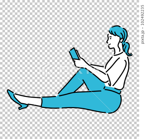 床に座って読書してリラックスしている若い女性 床に座って読書してリラックスしている若い女性 102492235