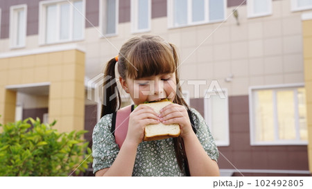 little girl with school backpack eats sandwich at recess school yard. children's snack school break. kid daughter eats delicious breakfast. healthy pitakia child concept. enjoyment delicious food. little girl with school backpack eats sandwich at recess school yard. children's snack school break. kid daughter eats delicious breakfast. healthy pitakia child concept. enjoyment delicious food. 102492805