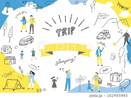 アウトドア　キャンプの人物と手描きアイコンセット 102493993