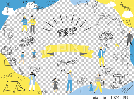 アウトドア　キャンプの人物と手描きアイコンセット 102493993