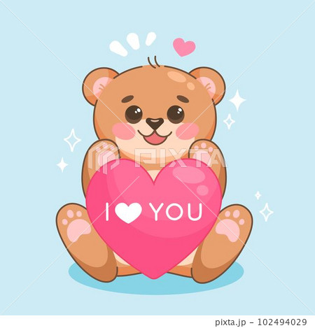 Cute cartoon teddy bear in kawaii style with heartのイラスト素材