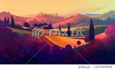 Graphic Design-Inspired Sunset Landscape: Organic Trees and Vineyard in Dark Azure and Violet Graphic Design-Inspired Sunset Landscape: Organic Trees and Vineyard in Dark Azure and Violet 102494688