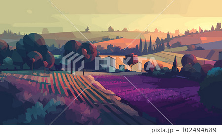 Vineyard Sunset: A Graphic Design-Inspired Landscape with Organic Trees in Azure and Violet 102494689
