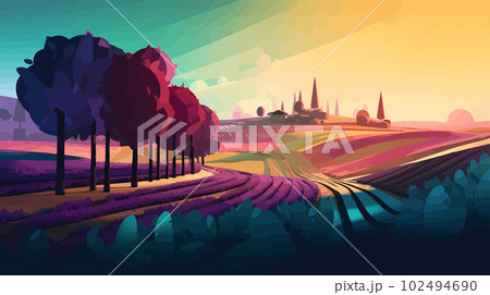 Serenity at Dusk: Dark Azure and Violet Graphic Design-Inspired Landscape with Vineyard and Trees 102494690