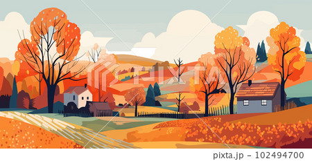 Vibrant Foliage: Bold Graphic Design of Autumn Trees and Village 102494700