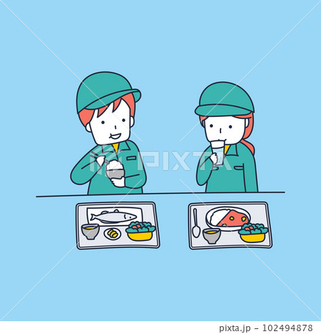 昼休憩に社員食堂でランチを食べる二人の作業員のイラスト素材 102494878
