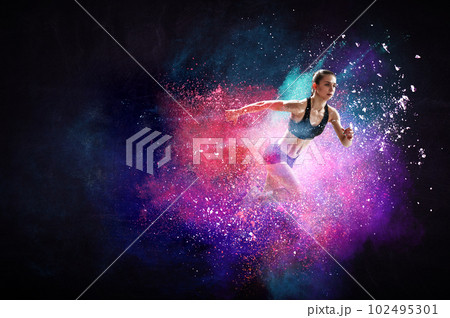 Athletic woman runner on colourful background 102495301