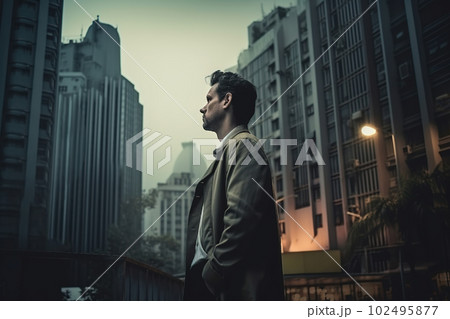 Stressed man in suit in melancholic city at night. Abstract career challenge in city jungle concept. Generative AI 102495877