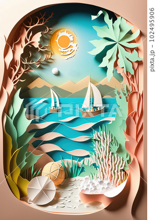 Summer vacation card with sea, palms, boat and sun. Papercut style. Sandy beach, beach on ocean, tropical landscape. Generative AI Summer vacation card with sea, palms, boat and sun. Papercut style. Sandy beach, beach on ocean, tropical landscape. Generative AI 102495906