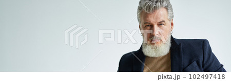 Portrait of stylish middle aged man with a beard looking at came 102497418