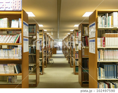 図書館　シンメトリーに並んだ書架・本棚 102497590