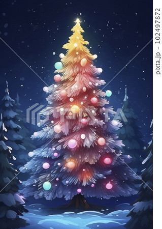 幻想的な雪の中の大きなクリスマスツリー AI画像のイラスト素材
