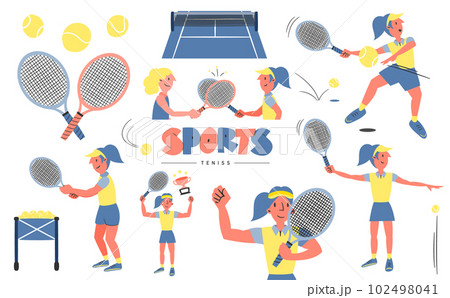 シンプルでおしゃれな女性テニスプレーヤーのベクター人物イラストセット_フィットネス・スポーツ素材 102498041