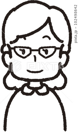 正面を向いてエリート眼鏡をかけて微笑んでいる女性の上半身線画イラスト 正面を向いてエリート眼鏡をかけて微笑んでいる女性の上半身線画イラスト 102498642
