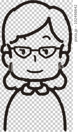 正面を向いてエリート眼鏡をかけて微笑んでいる女性の上半身線画イラスト 正面を向いてエリート眼鏡をかけて微笑んでいる女性の上半身線画イラスト 102498642