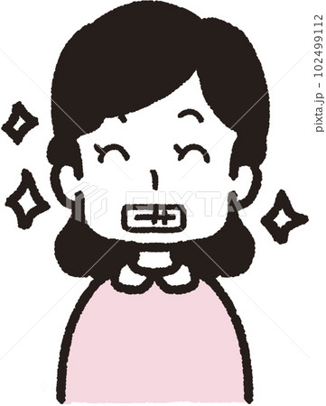 正面を向いて口を開けてイ―と綺麗な歯を見せている女性の上半身イラスト 正面を向いて口を開けてイ―と綺麗な歯を見せている女性の上半身イラスト 102499112