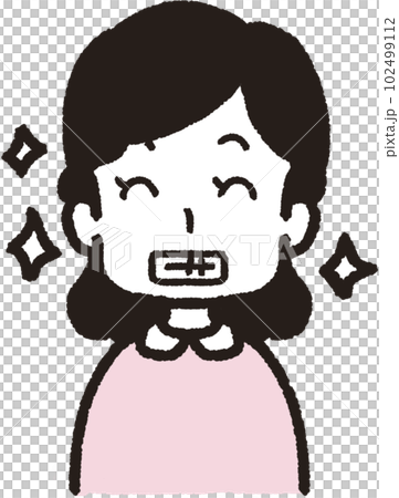 正面を向いて口を開けてイ―と綺麗な歯を見せている女性の上半身イラスト 正面を向いて口を開けてイ―と綺麗な歯を見せている女性の上半身イラスト 102499112
