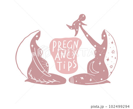 Pregnancy tips banner with two pregnant women and baby, stylized mystical boho pattern, doula, sacred femininity. Vector illustration isolated on white background. 102499294