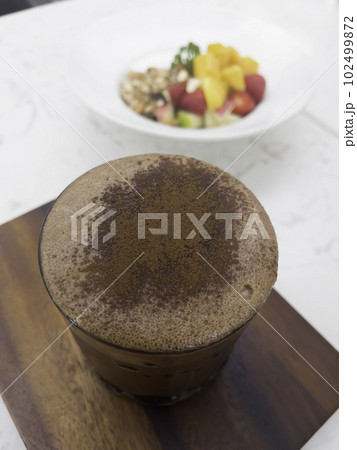 Dark chocolate latte in glass refreshment beverage drink 102499872