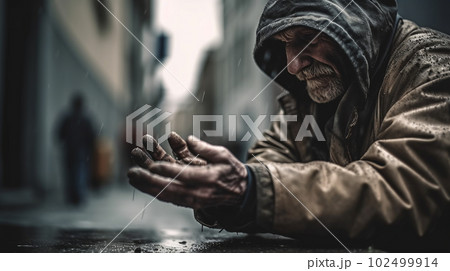 雨の降るスラム街で手を出す浮浪者・ホームレス・物乞いの高齢者男性（Generative AI） 102499914