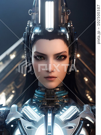 Cyborg woman, futuristic soldier in a cyberpunk suit 102500387