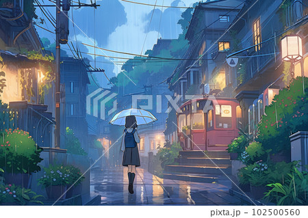 雨の降る街と傘をさす女の子のイラスト素材 [102500560] - PIXTA