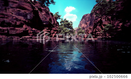 Reflection in Colorado River of Butte catching days last rays, in Grand Canyon. Reflection in Colorado River of Butte catching days last rays, in Grand Canyon. 102500666
