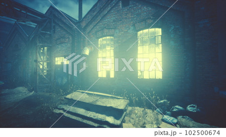 Foggy industrial urban street city night scenery Foggy industrial urban street city night scenery 102500674