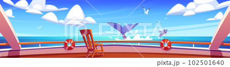 Cruise ship deck with gull birds and whale view 102501640