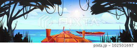 Wooden pier in jungle forest with boat vector 102501697