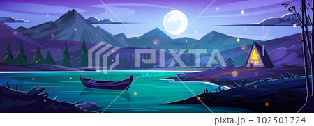 Fireflies in night alps forest near boat in lake Fireflies in night alps forest near boat in lake 102501724