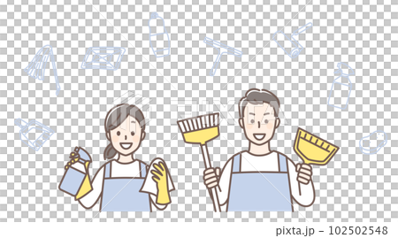 Two men and women wearing cleaning tools and aprons 102502548