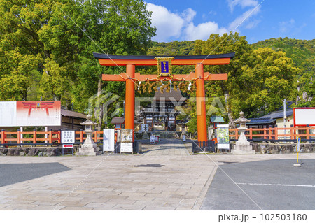 青空に映える松尾大社　赤鳥居（京都市西京区嵐山宮町）. 102503180