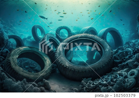 Pile of dirty garbage car tires and waste trash under sea water. Generative AI AIG15. 102503379
