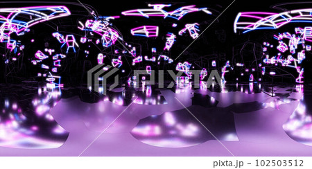 360 degree full panorama environment map of an abstract purple and black background with colorful lights 3d render illustration 102503512