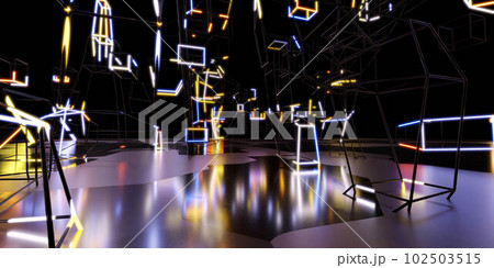 Photo of a colorful light installation in a dark room 3d render illustration Photo of a colorful light installation in a dark room 3d render illustration 102503515